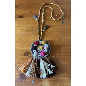 Boho Statement Tassel Necklace Pom Pom Fringe Pendant Artisan Style Free Spirit